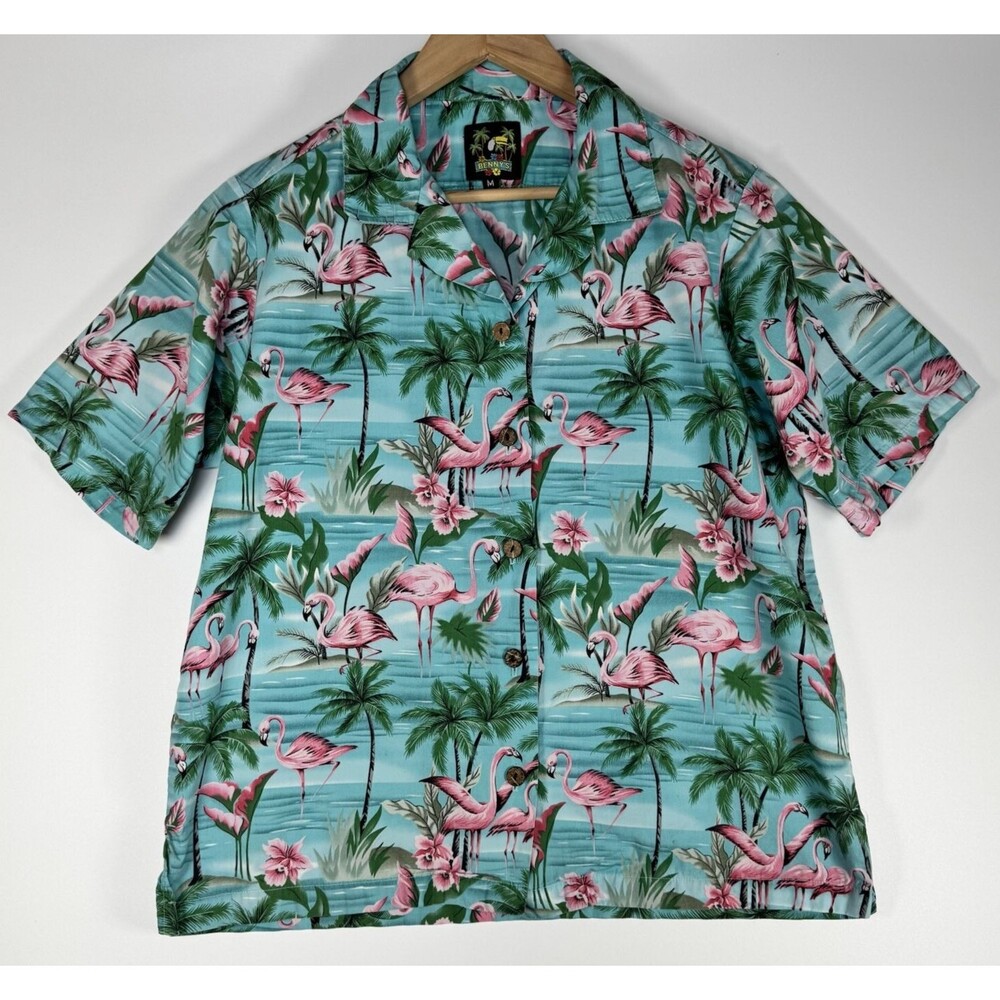 Benny's Hawaiian Shirt Men's Medium Blue Pink Flamingo‎ Palm Tree Tropical Aloha